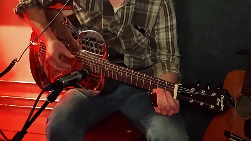Close view of hands on a resonator guitar
